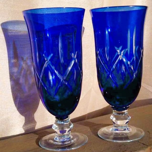 Set of 2 Cut to Clear COBALT BLUE CRYSTAL CHAMPAGNE/Wine FLUTES/Goblets - Picture 5 of 10